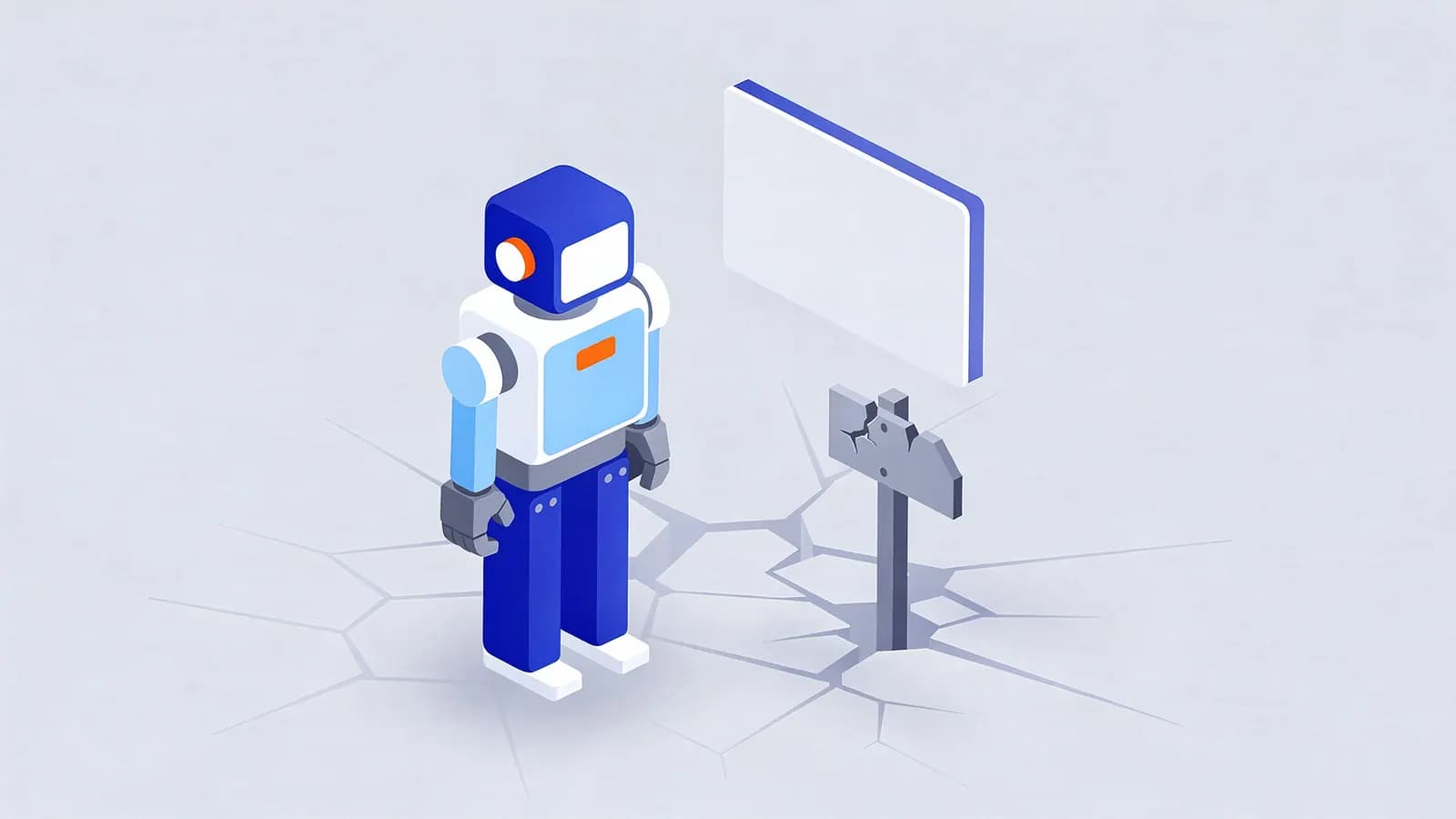 A robot stands next to a blank and broken signpost on cracked ground, illustrating a 404 error.