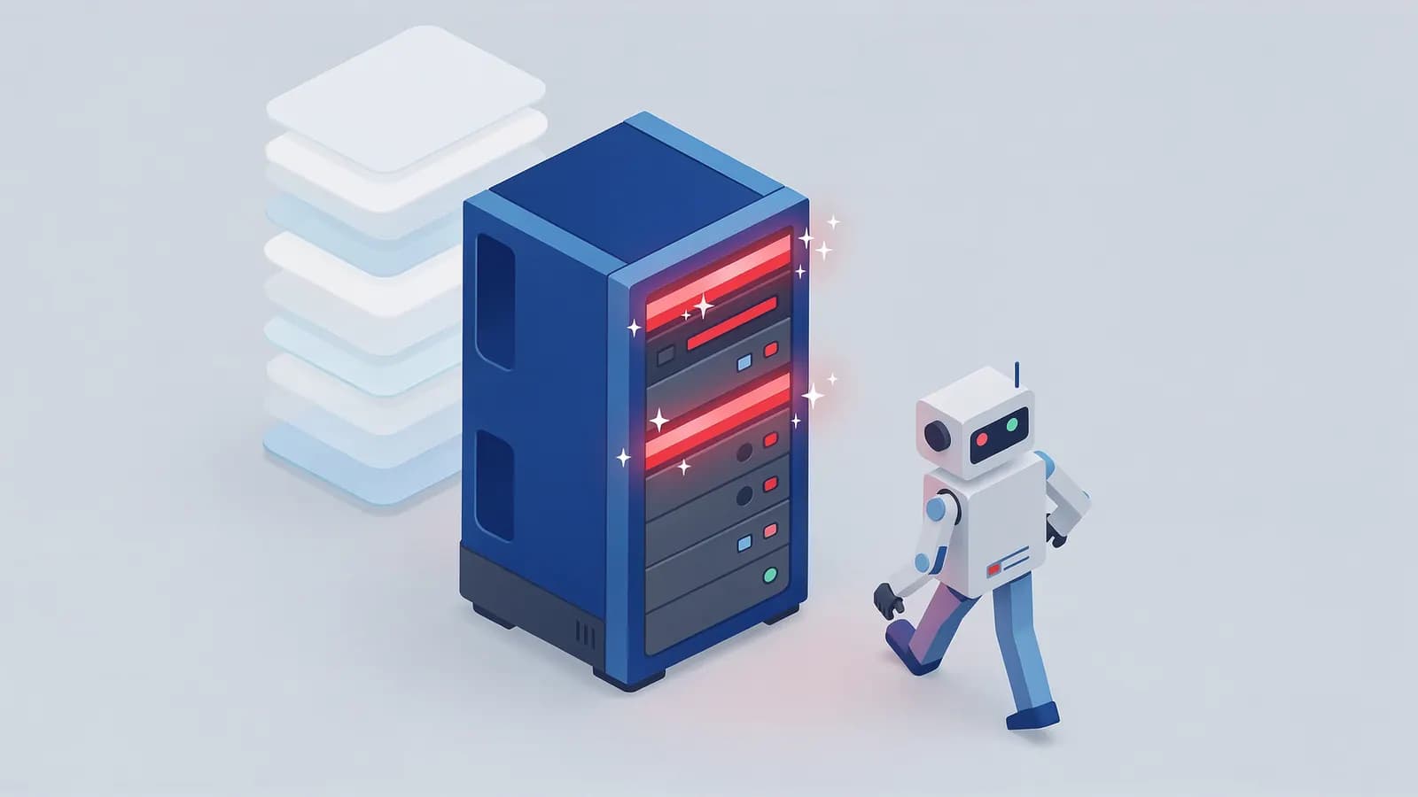 A robot walks away from a problematic server rack emitting red error lights, illustrating 5xx server errors.