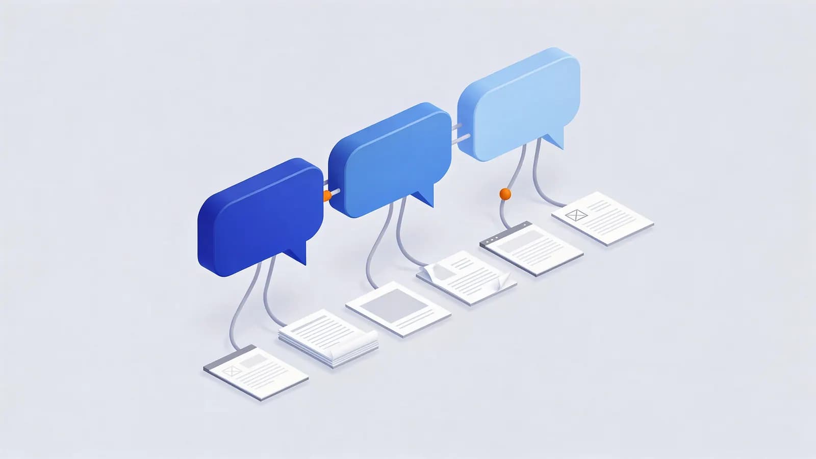 Three chat bubbles each link to multiple documents below, illustrating how Google AI Mode retrieves data.