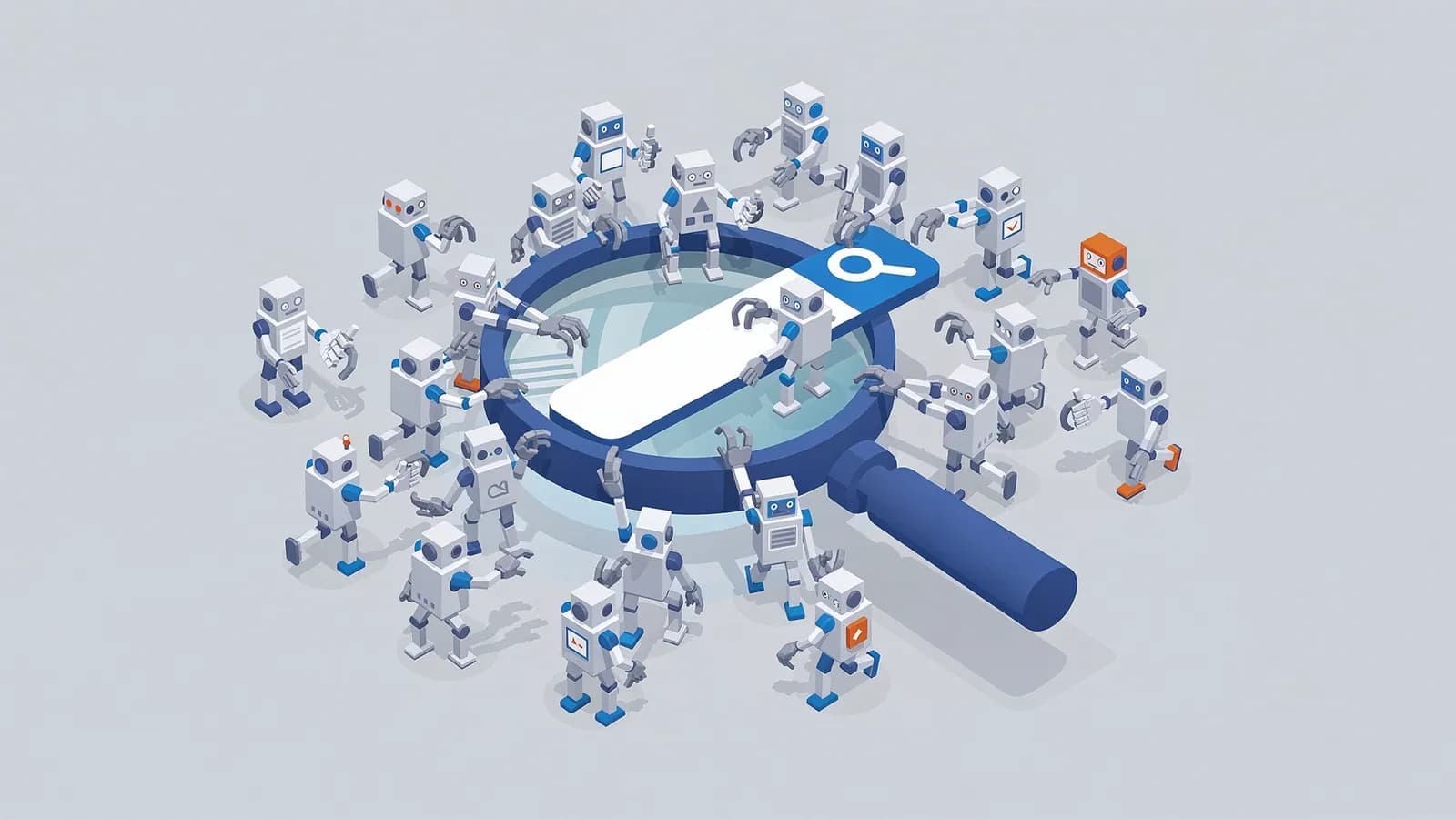 Many robots surround a large magnifying glass containing a search bar, illustrating automated queries.