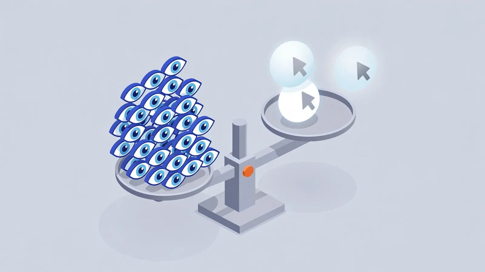 A balance scale where three glowing mouse cursor icons outbalance numerous eyes, representing Click-through rate.