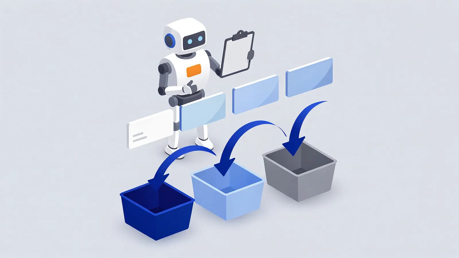 Robot with clipboard sorting digital content items into three bins, depicting a content audit process.