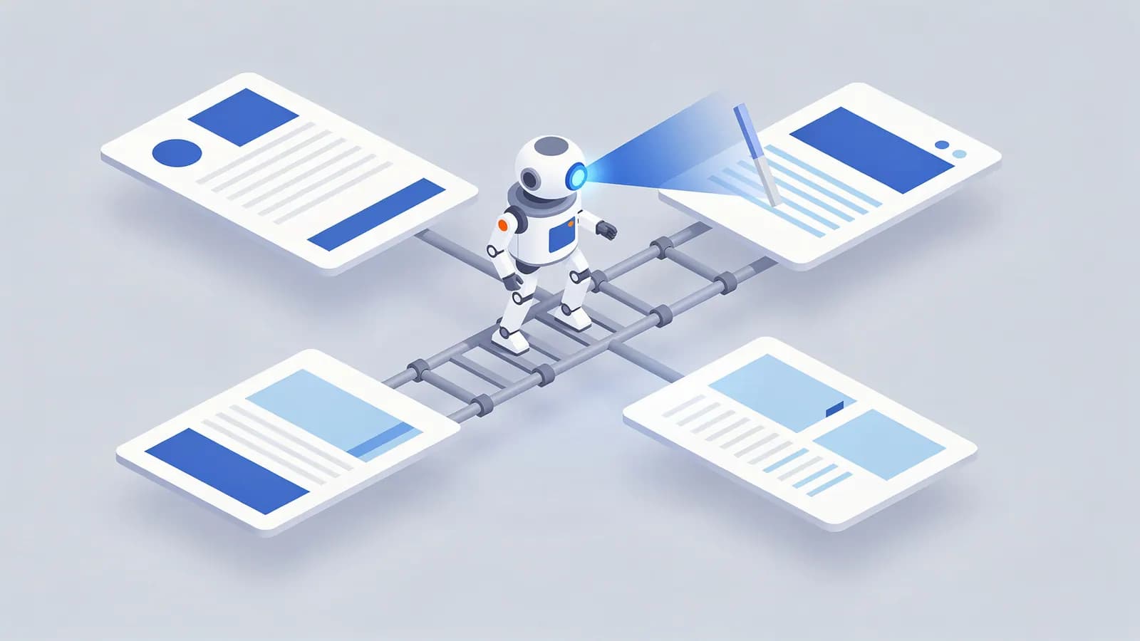 A robot navigates a grid connected to four web pages, its light on one where a pen writes, illustrating web crawling.