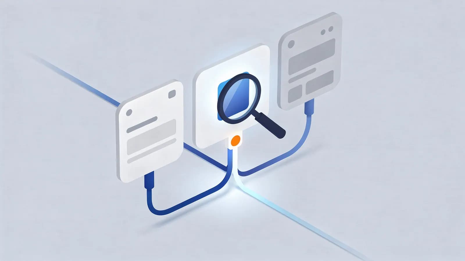 Three identical content blocks link by lines to a central block with a magnifying glass, showing duplicate content.