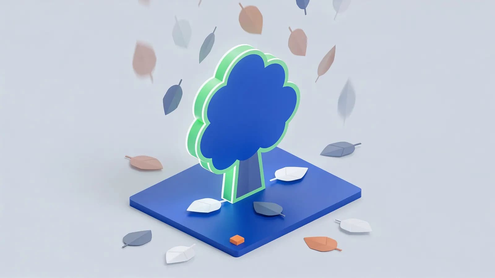 A vibrant tree stands firmly on a base while many leaves fall around it, representing evergreen content that endures.