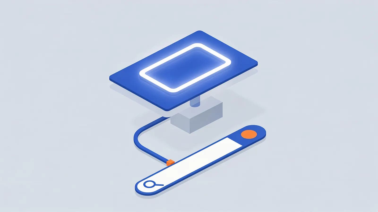A glowing rectangle, representing a featured snippet, connected by a cable to a search bar with a magnifying glass.