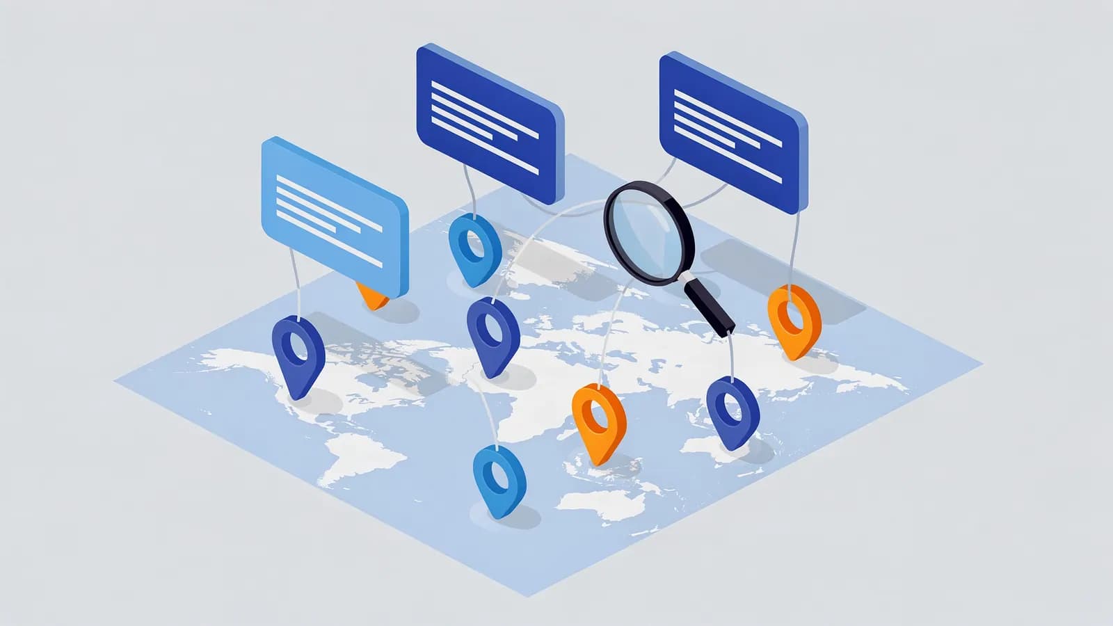 A world map shows location pins linked to text boxes and a magnifying glass, illustrating hreflang.