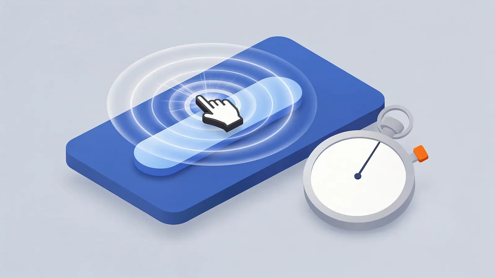 A cursor clicks a toggle switch on a device screen, a stopwatch timing the action, for Interaction to Next Paint.
