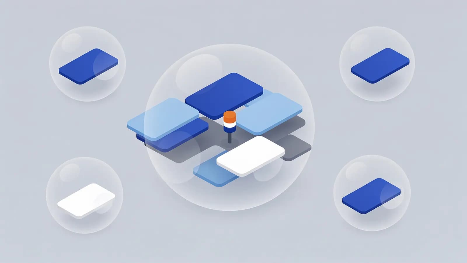 Cards grouped in a main bubble, with single cards in surrounding bubbles, illustrating the concept of keyword clustering.