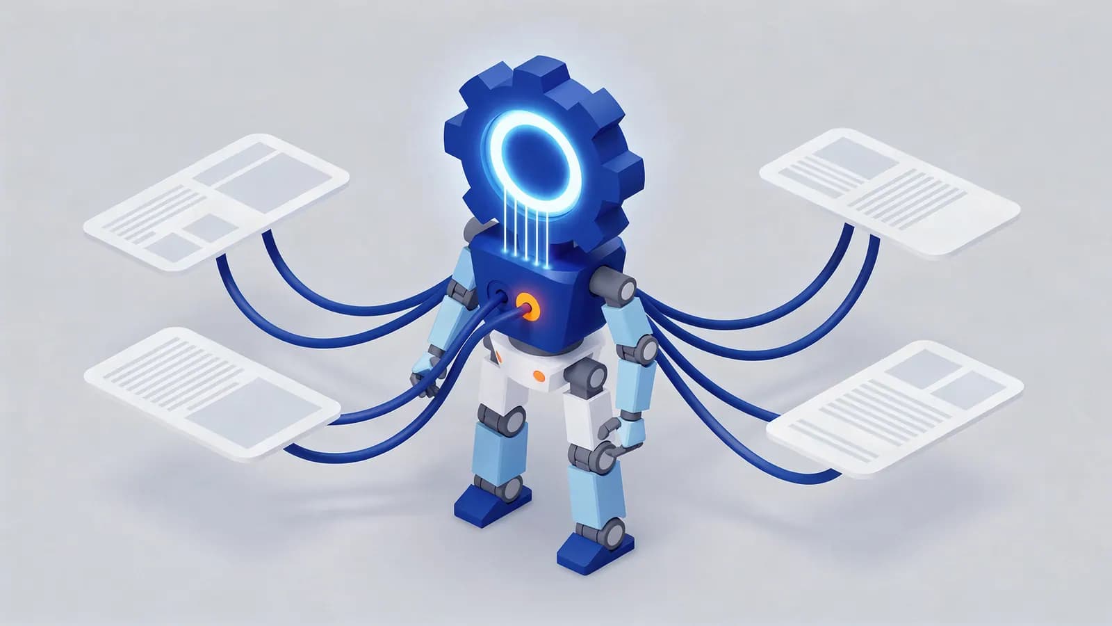 Robot with a glowing gear head connected by cables to four floating web pages, illustrating LLM SEO processing information.