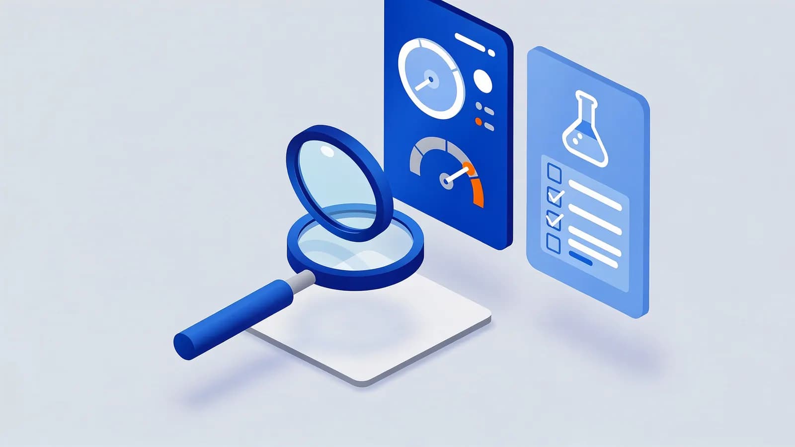 A magnifying glass inspects a platform with gauges and a lab flask checklist for PageSpeed Insights.