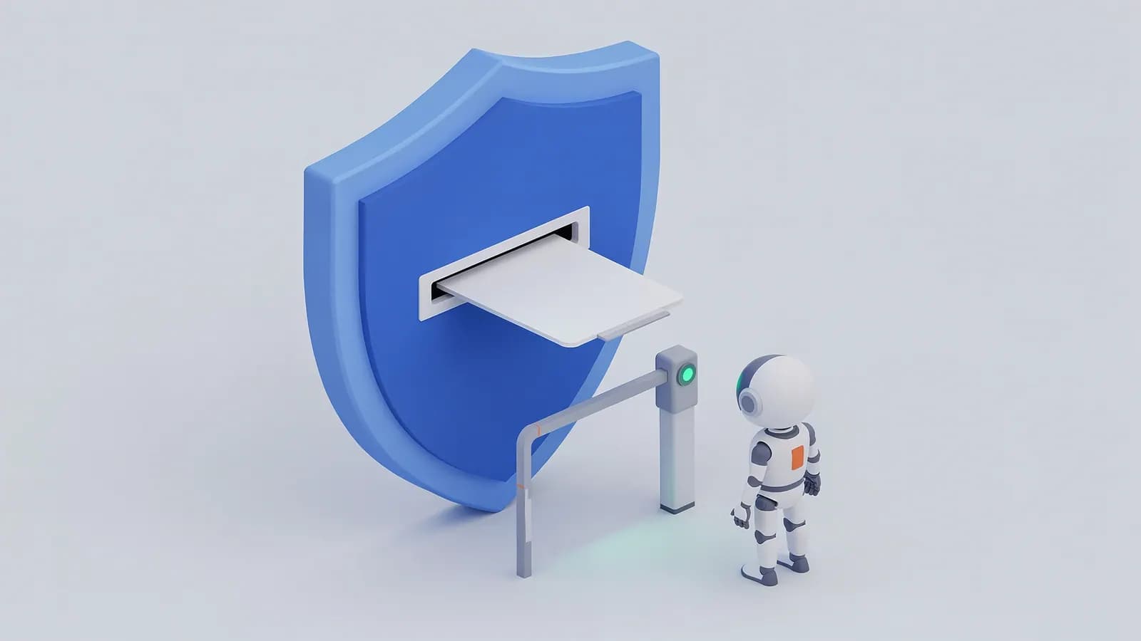 A robot inserts a card into a slotted shield near a turnstile with a green light, showing a reconsideration request.
