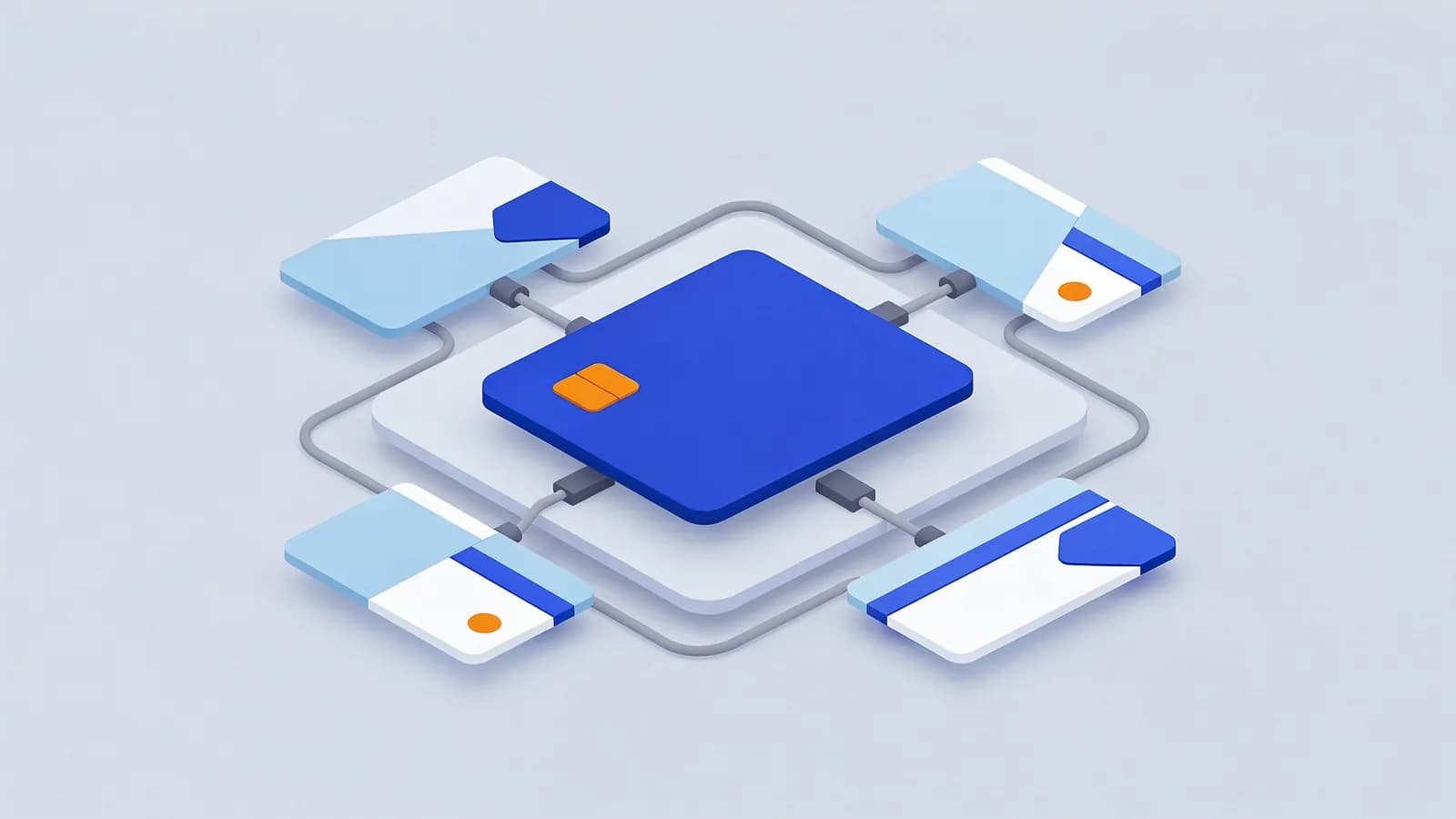 A central card, connected by cables to four smaller cards, illustrates secondary keywords.