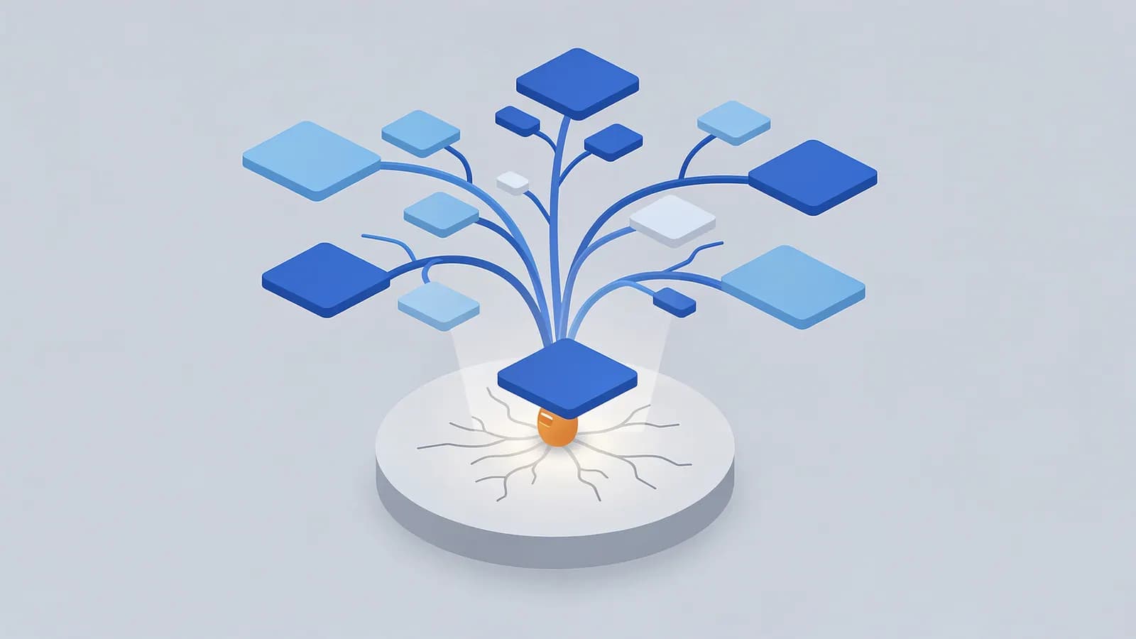 A glowing orb with a main node branches into many smaller nodes, showing a seed keyword and related keywords.