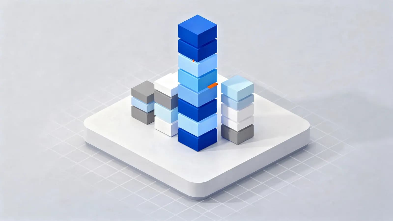 Stacks of cubes on a platform, with one towering blue stack illustrating a strong share of voice amidst smaller competitors.