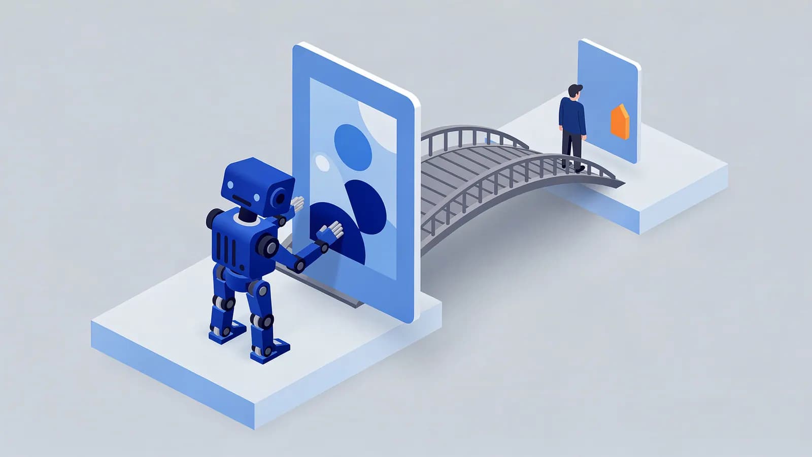 A robot adjusts a screen, while a man crosses a bridge to a different screen, illustrating sneaky redirects.