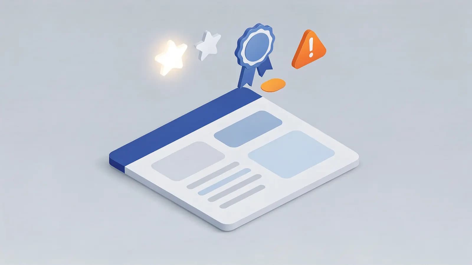 Webpage with glowing star, star, award ribbon, and warning triangle illustrating structured data spam.