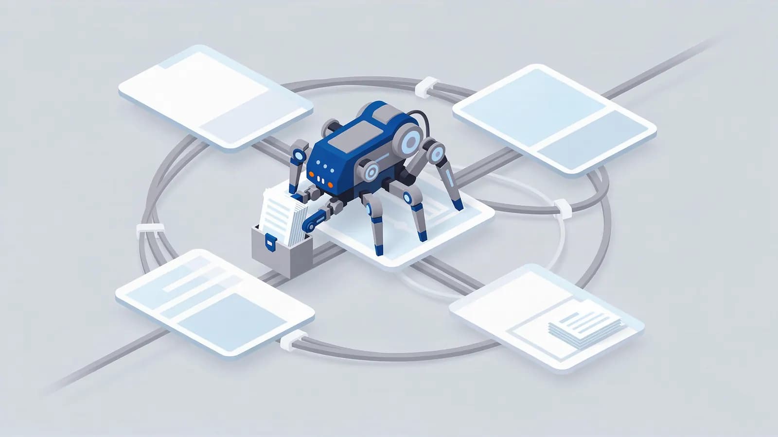 A robotic spider collects documents from a file box, surrounded by connected digital platforms, representing a web crawler.