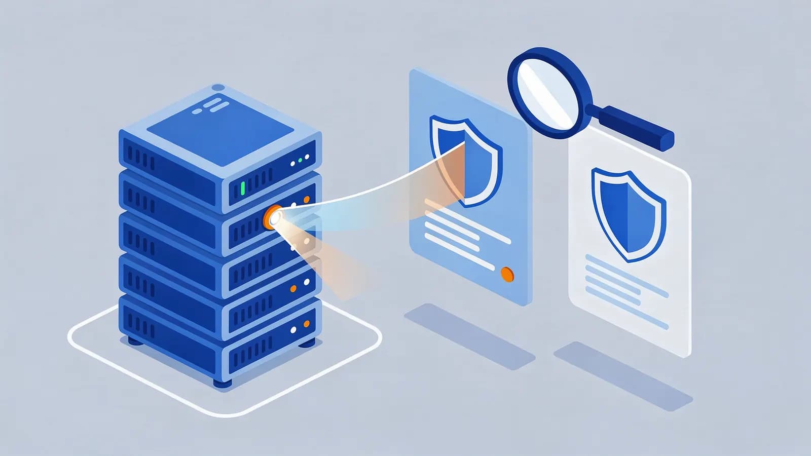 Servers send data to two documents with shield icons under a magnifying glass, showing how X-Robots-Tag controls pages.
