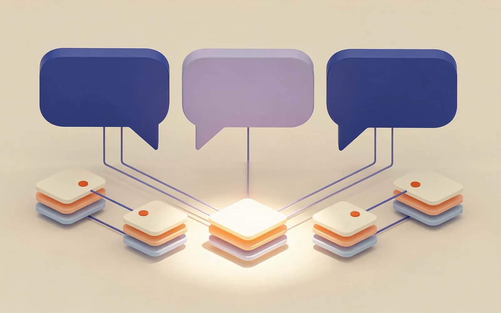 Four chat bubbles drawing lines down to stacks of source cards, one shared source lit up: AI visibility.