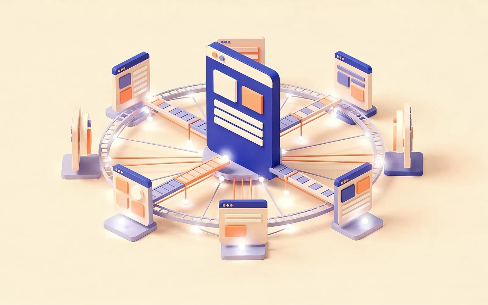 A central website block linked by glowing cables and bridges to a ring of smaller sites, like a backlink map.