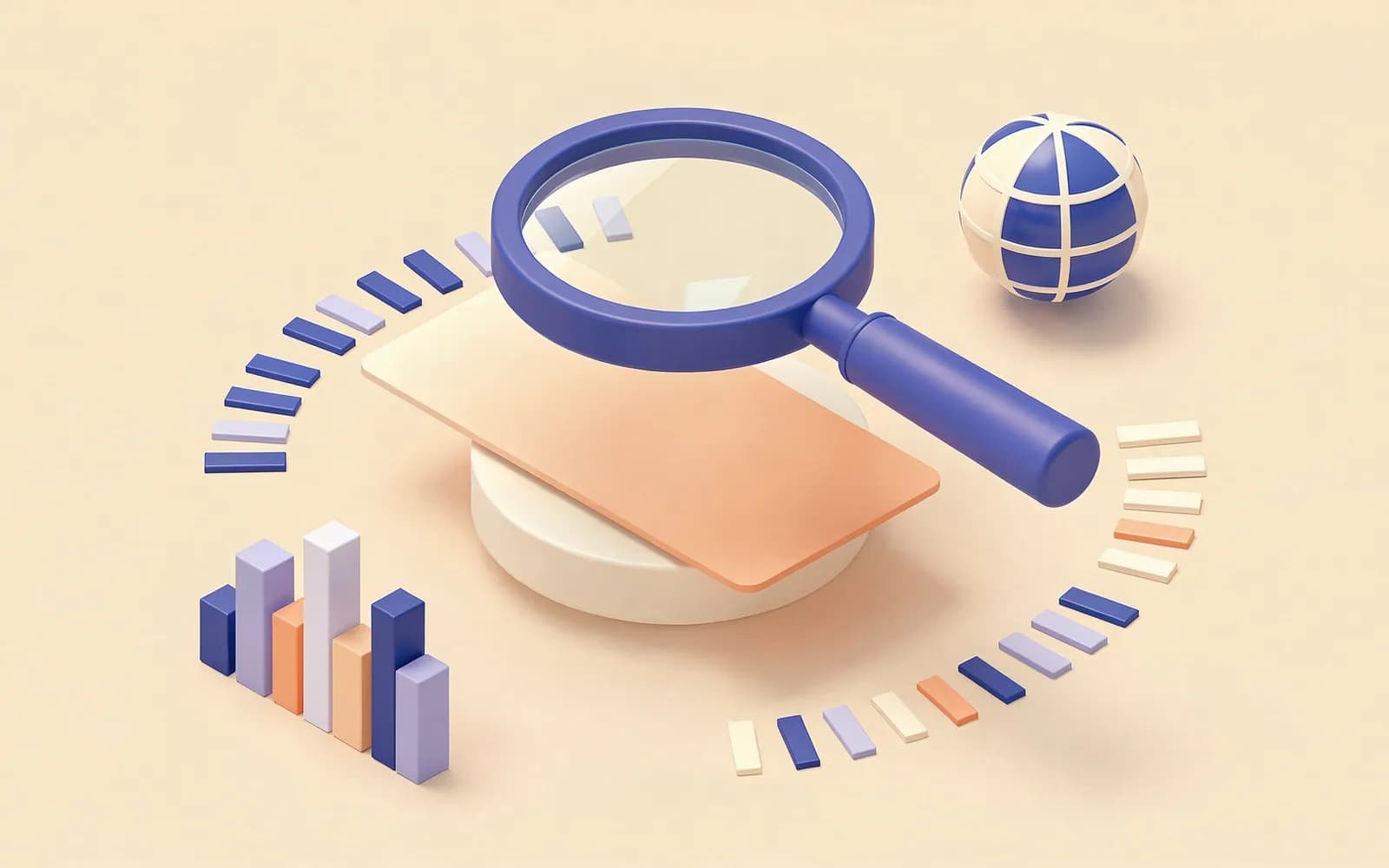 A magnifying glass over a keyword card, ringed by a difficulty gauge, a volume bar chart and a globe: keyword analysis.