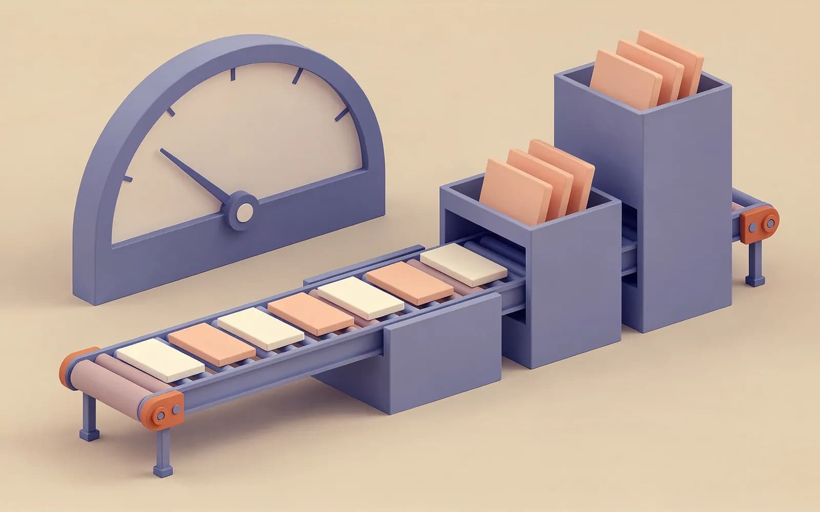Keyword cards on a conveyor belt sorted into bins of rising height beside a gauge, for checking keyword difficulty.