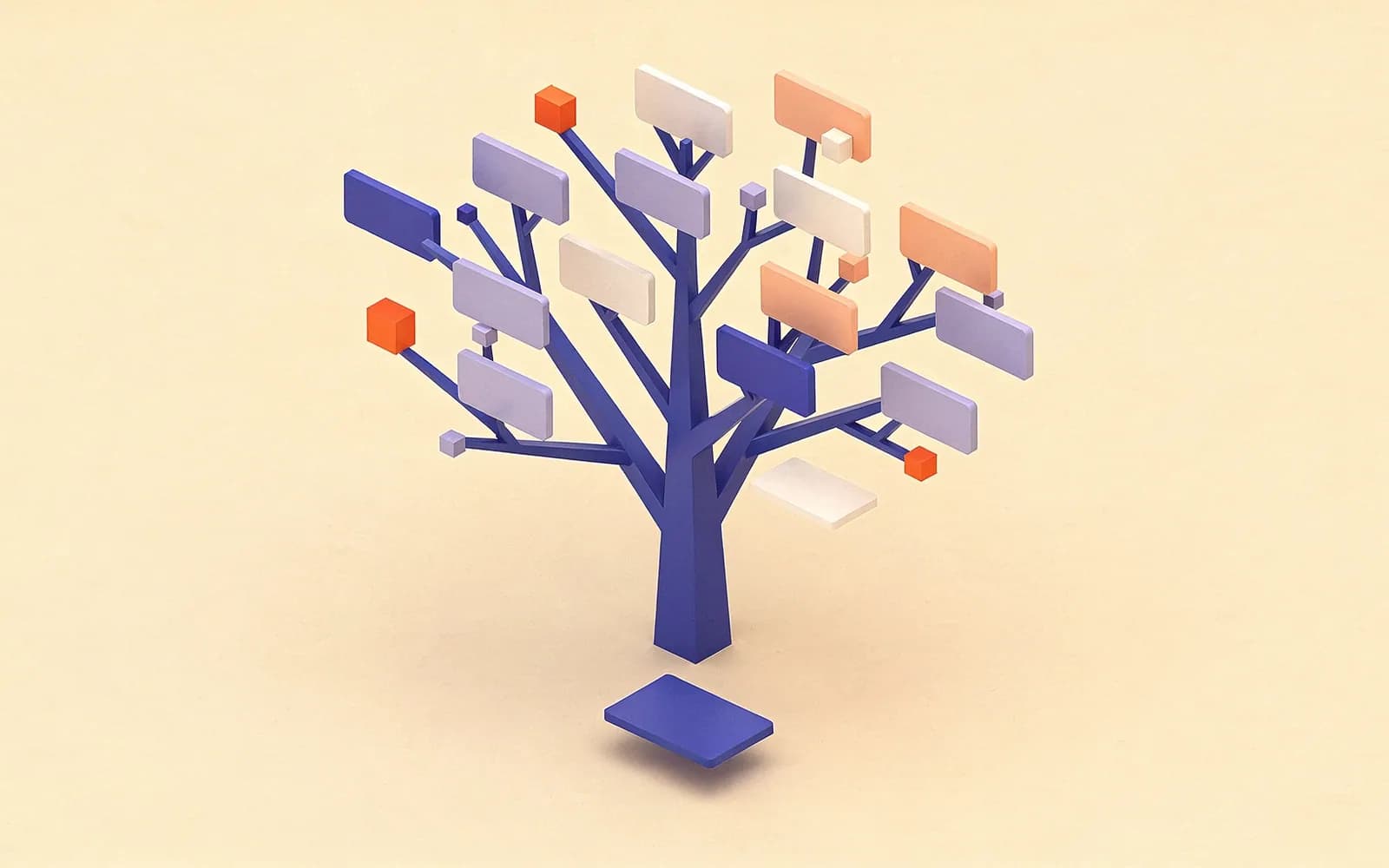 A seed card growing into a tree whose branches end in dozens of keyword cards, like a keyword generator.