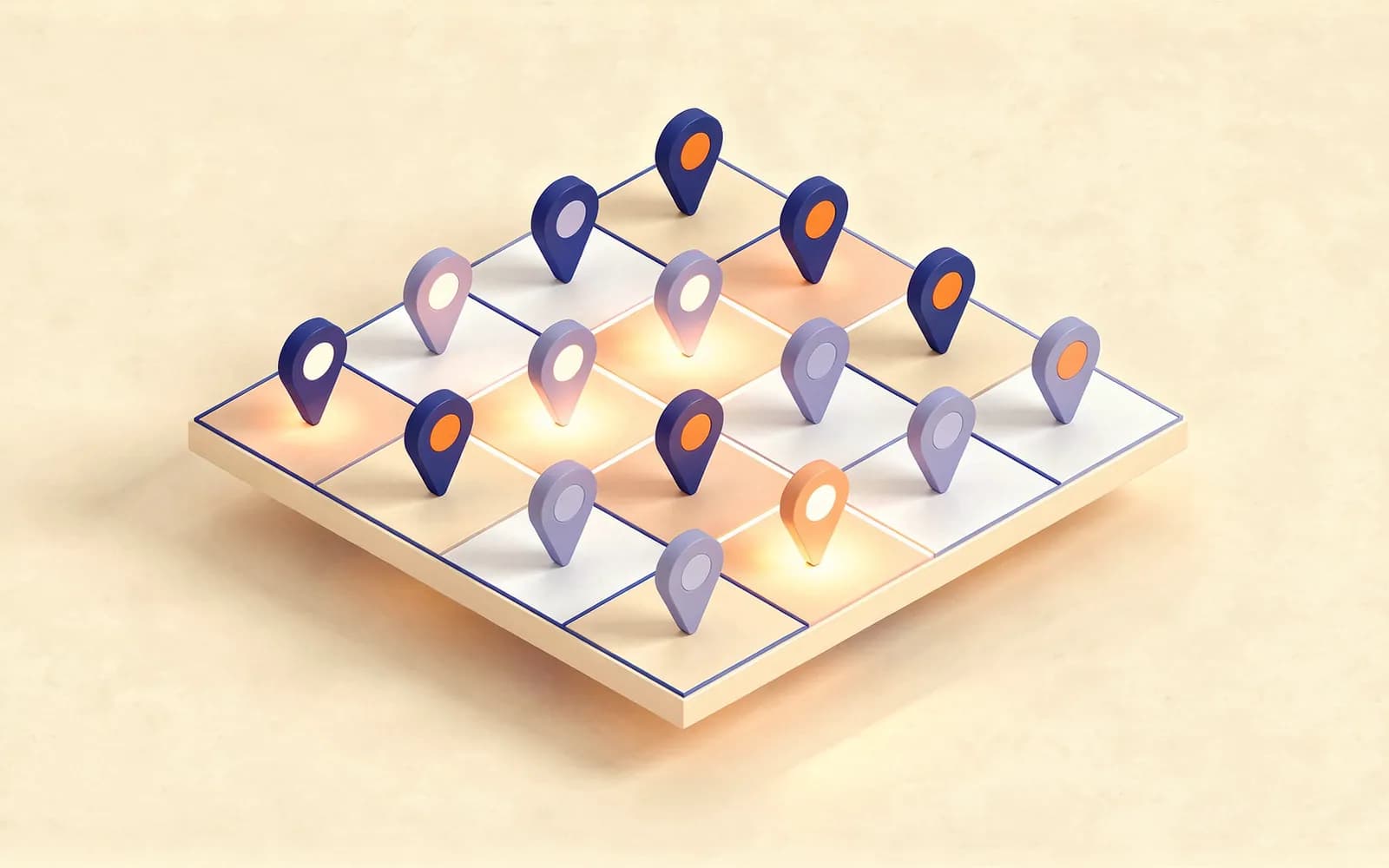 A city map divided into a grid with map pins of different heights in each square: local rank checking.