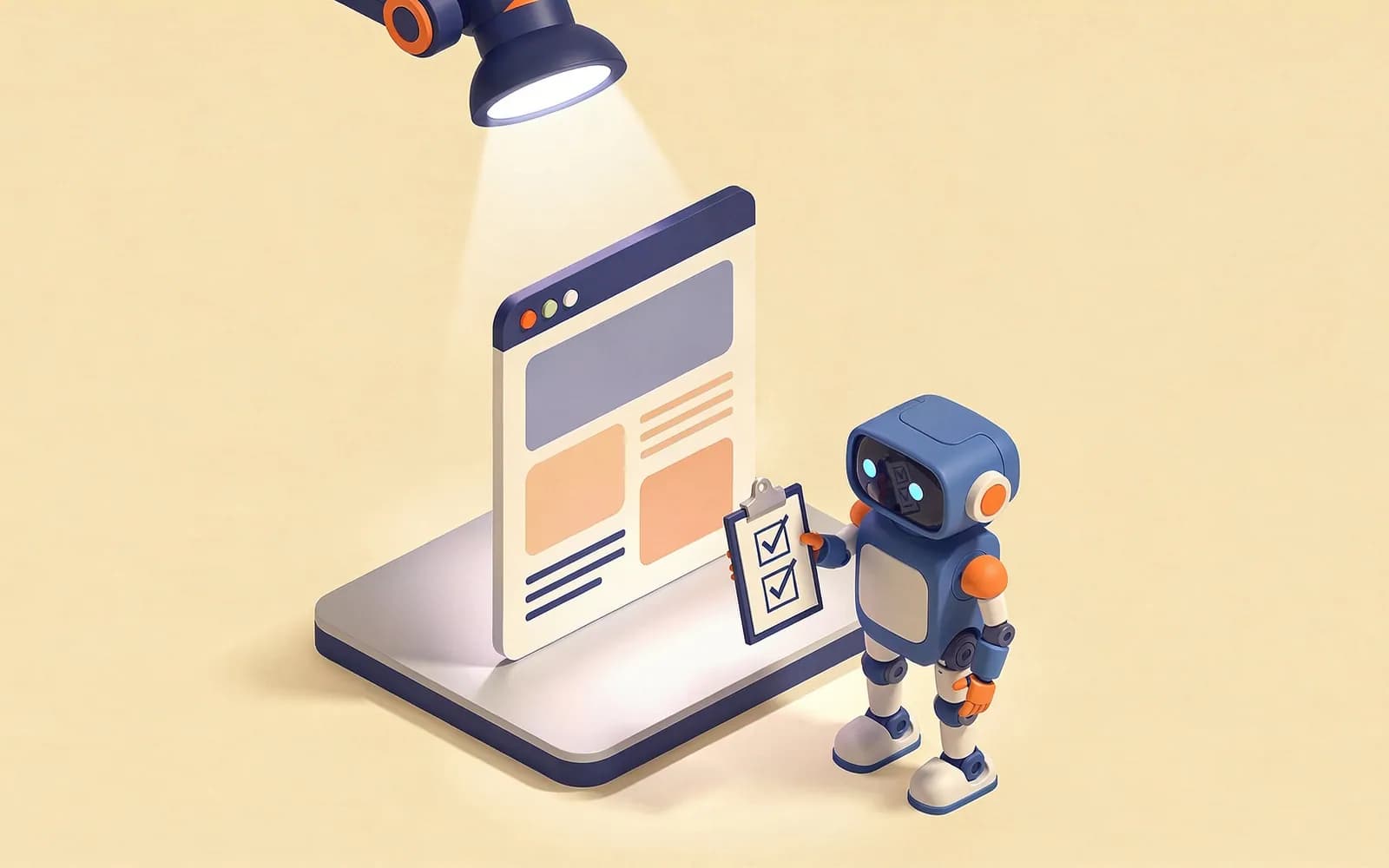A web page under a scanning light while a small robot checks items on a clipboard: an on-page SEO audit.