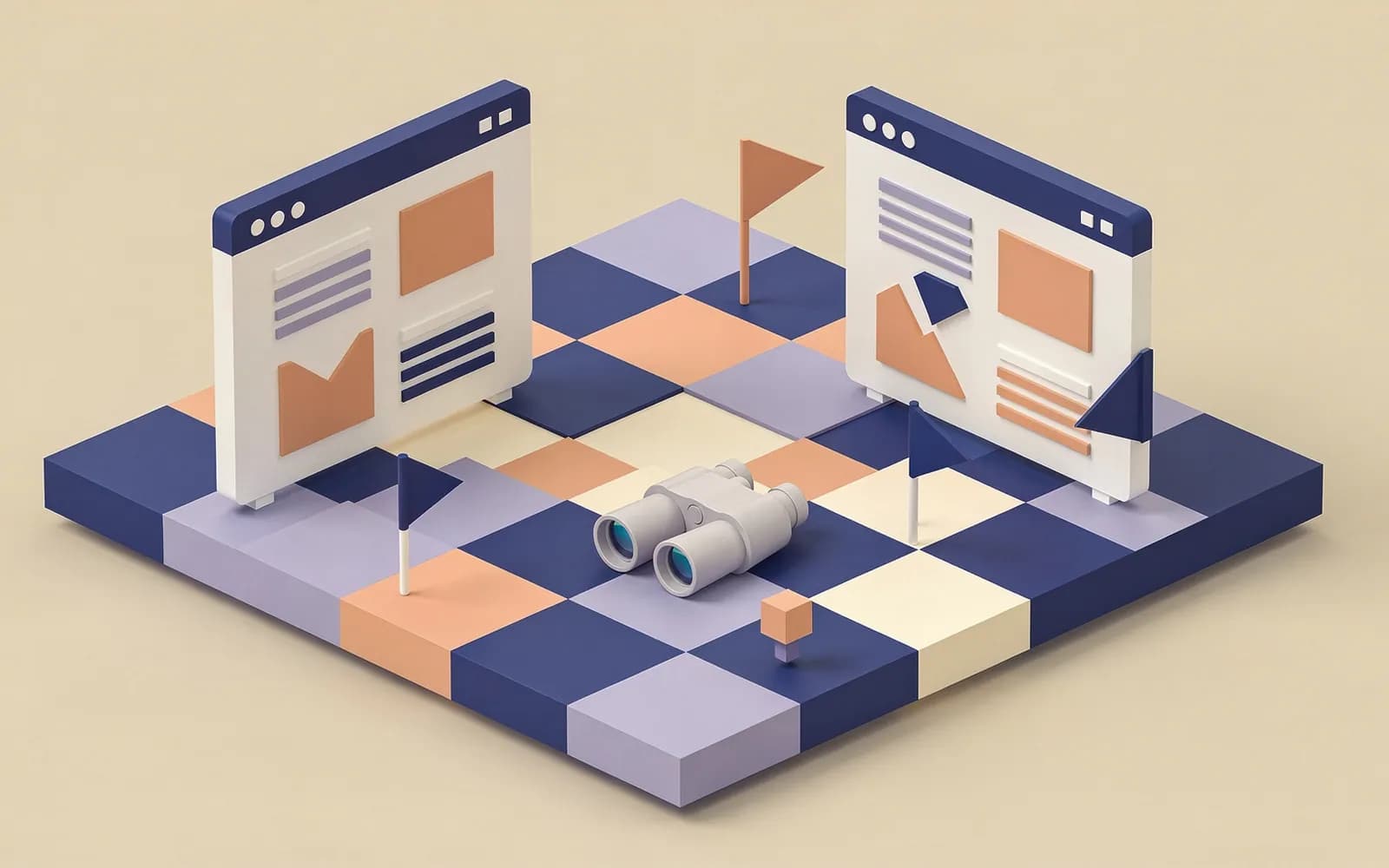 Two website panels facing each other across a chessboard with binoculars and flags: SEO competitor analysis.