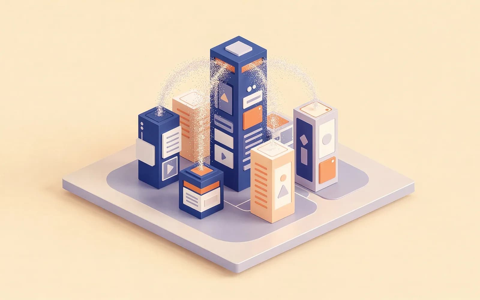 Website towers of different heights with streams of visitors flowing into them, comparing website traffic.