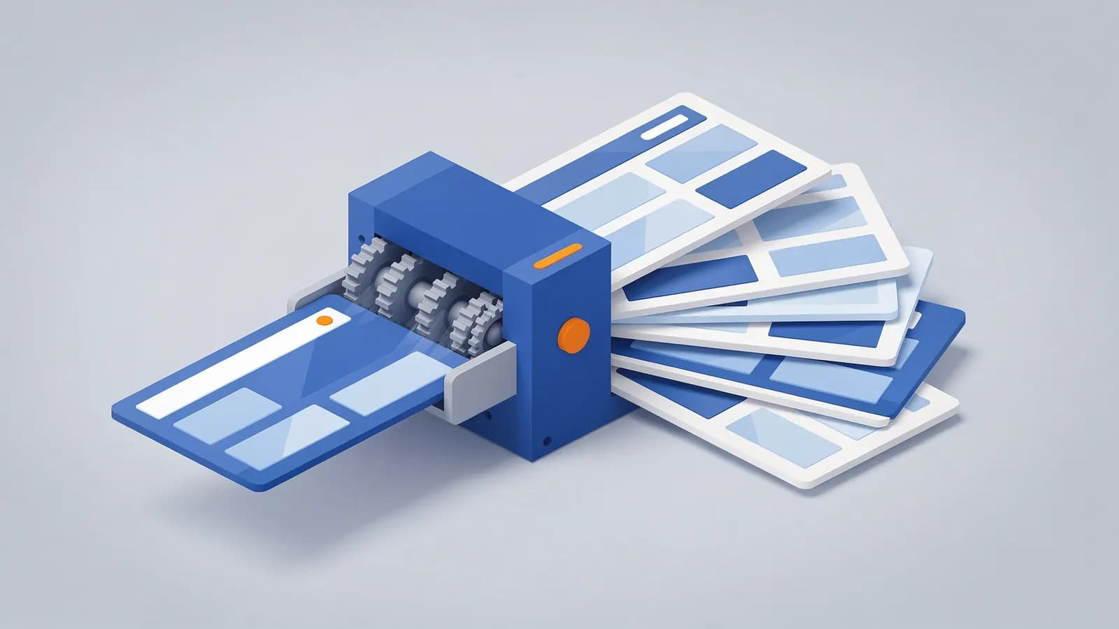 A machine processes one article layout card and outputs a stack of similar but varied cards, showing article spinning.