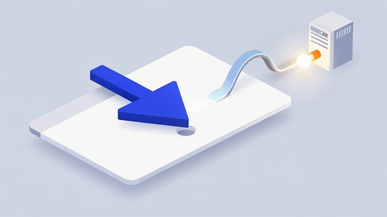 An arrow pointing into a hole on a platform, with a glowing connection from the platform to a server, representing Clicks.