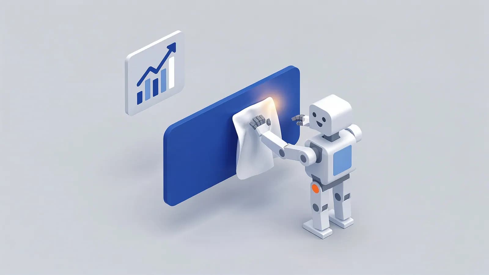 A robot polishes a digital screen to a shine next to a rising bar chart, illustrating the idea of content refresh.