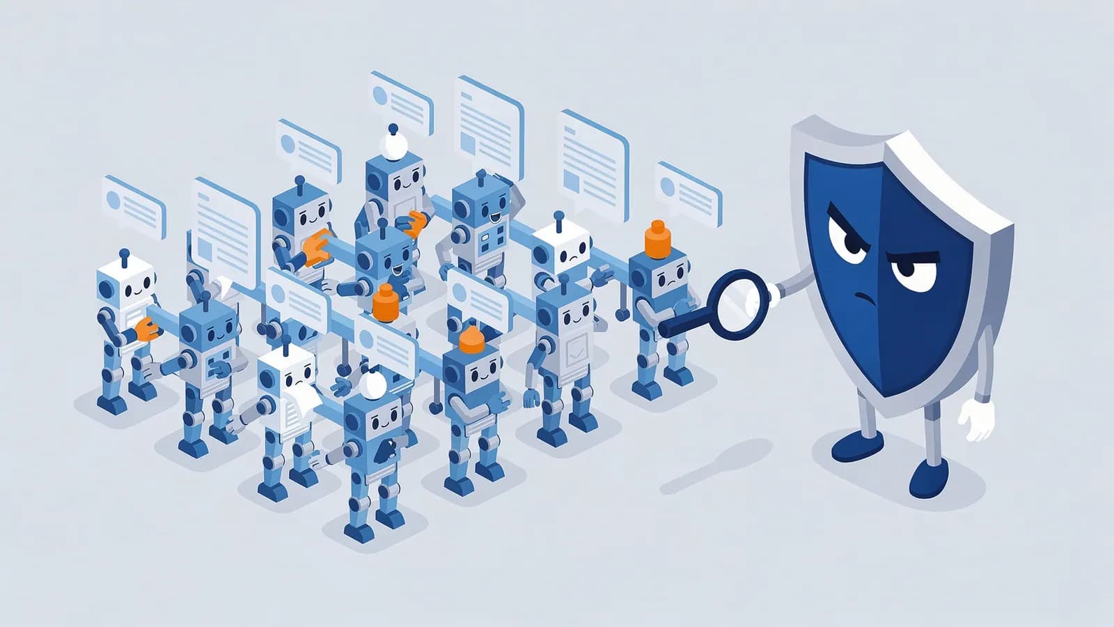 A security shield with a magnifying glass inspects many robots interacting with content, representing CTR manipulation.