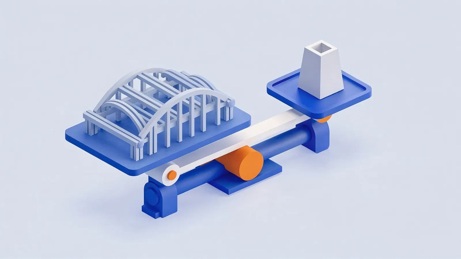 Balance scale with a complex bridge structure on one side and a simpler block on the other, representing Domain Authority.