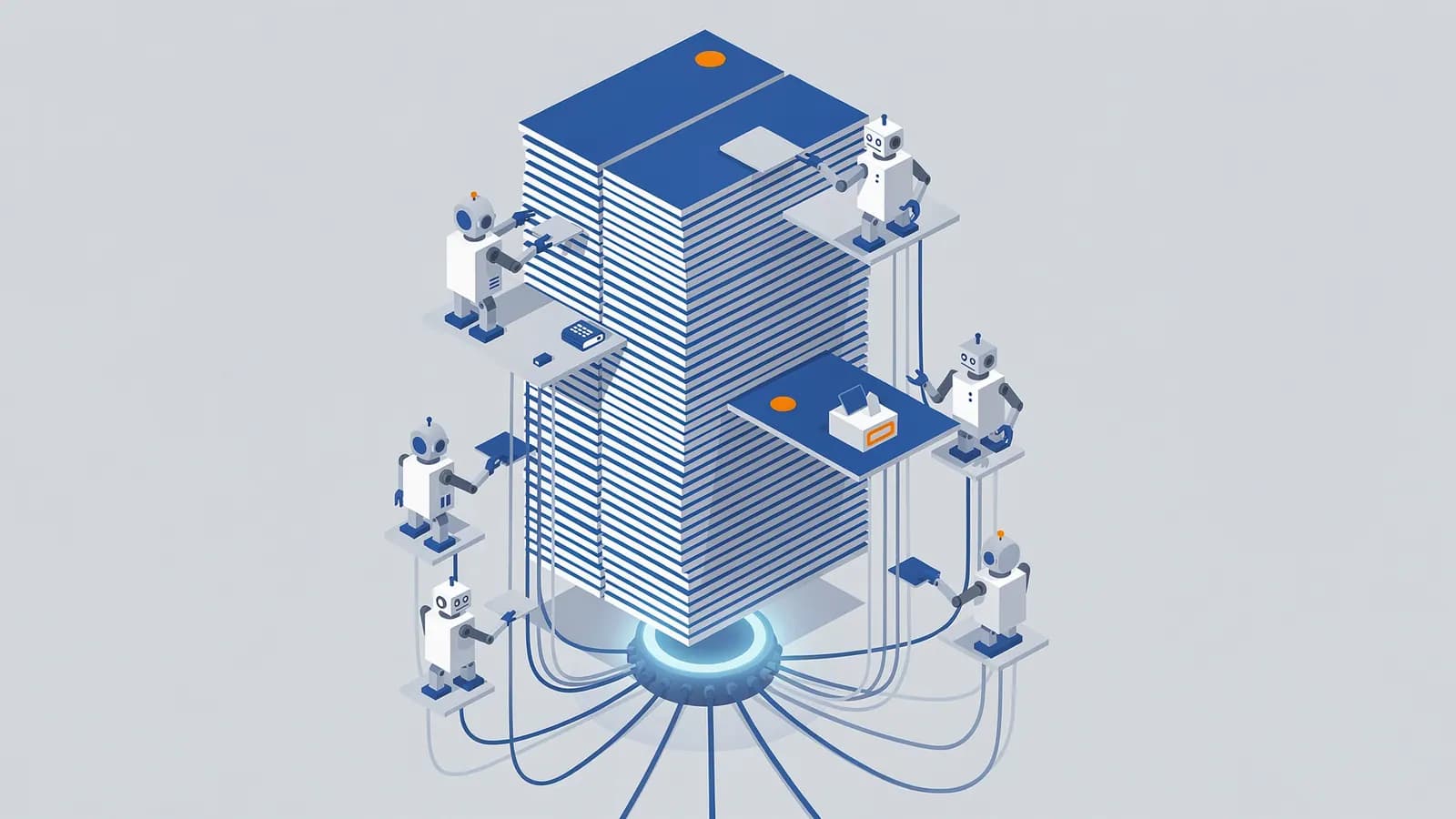 Robots process a massive data stack on platforms wired to a central hub, depicting Enterprise SEO.