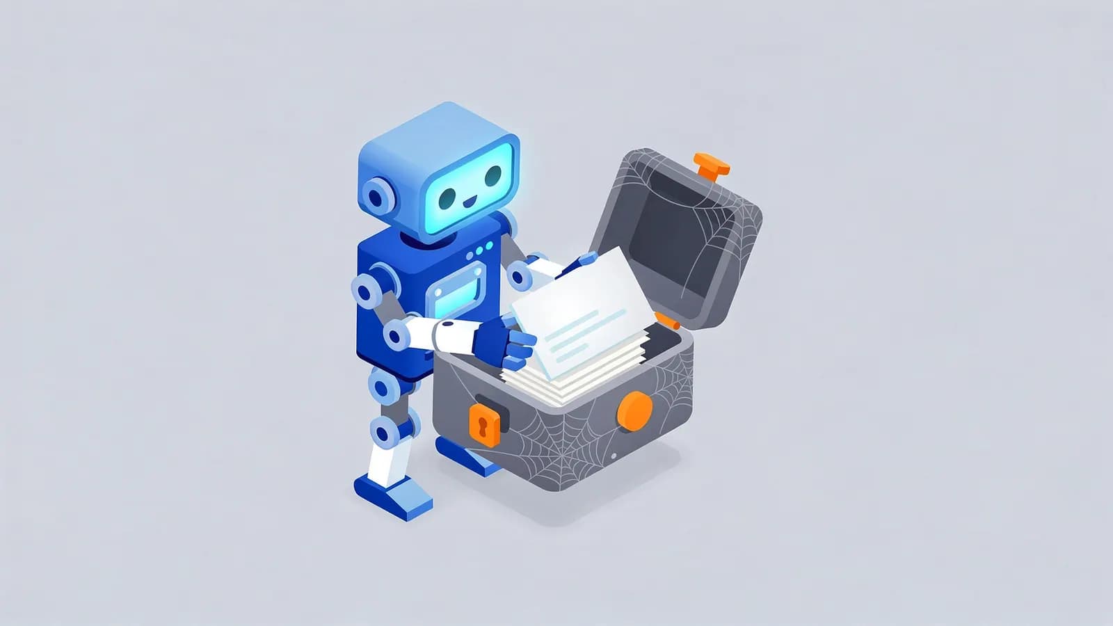 A robot holds documents while looking into an open, cobwebbed chest, symbolizing expired domain abuse.