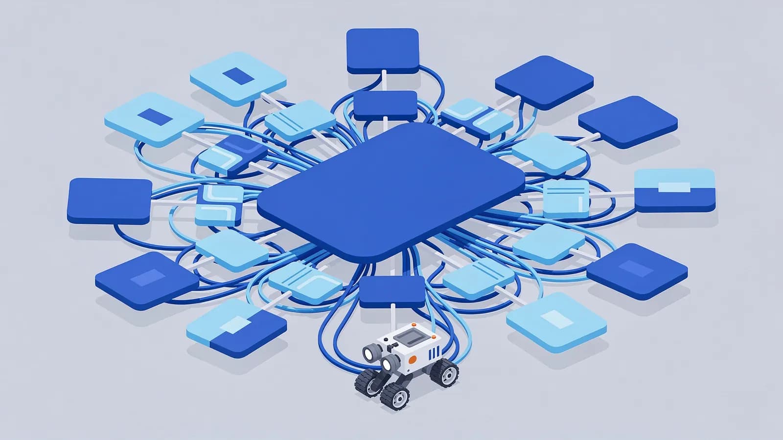 A central rectangle connected by wires to many surrounding elements and a robot, depicting faceted navigation.