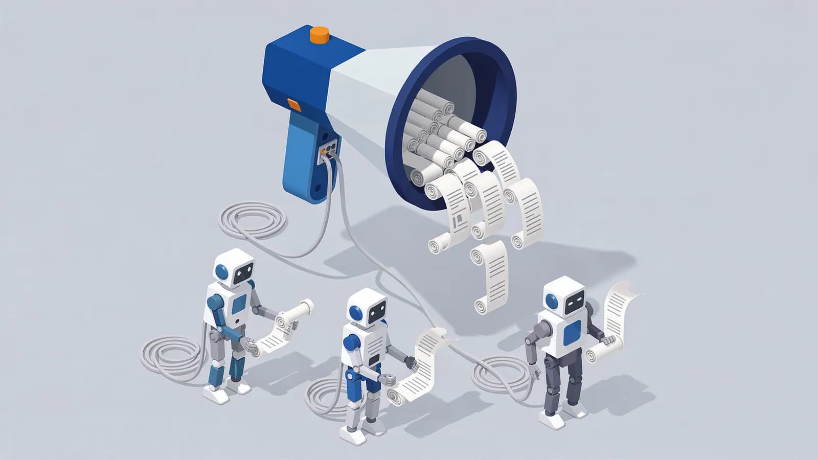 A megaphone emits text scrolls to three robots holding and reading them, illustrating HARO and journalist requests.