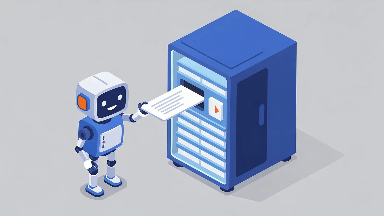 A robot inserts a document into a server, illustrating the process of indexing web content.