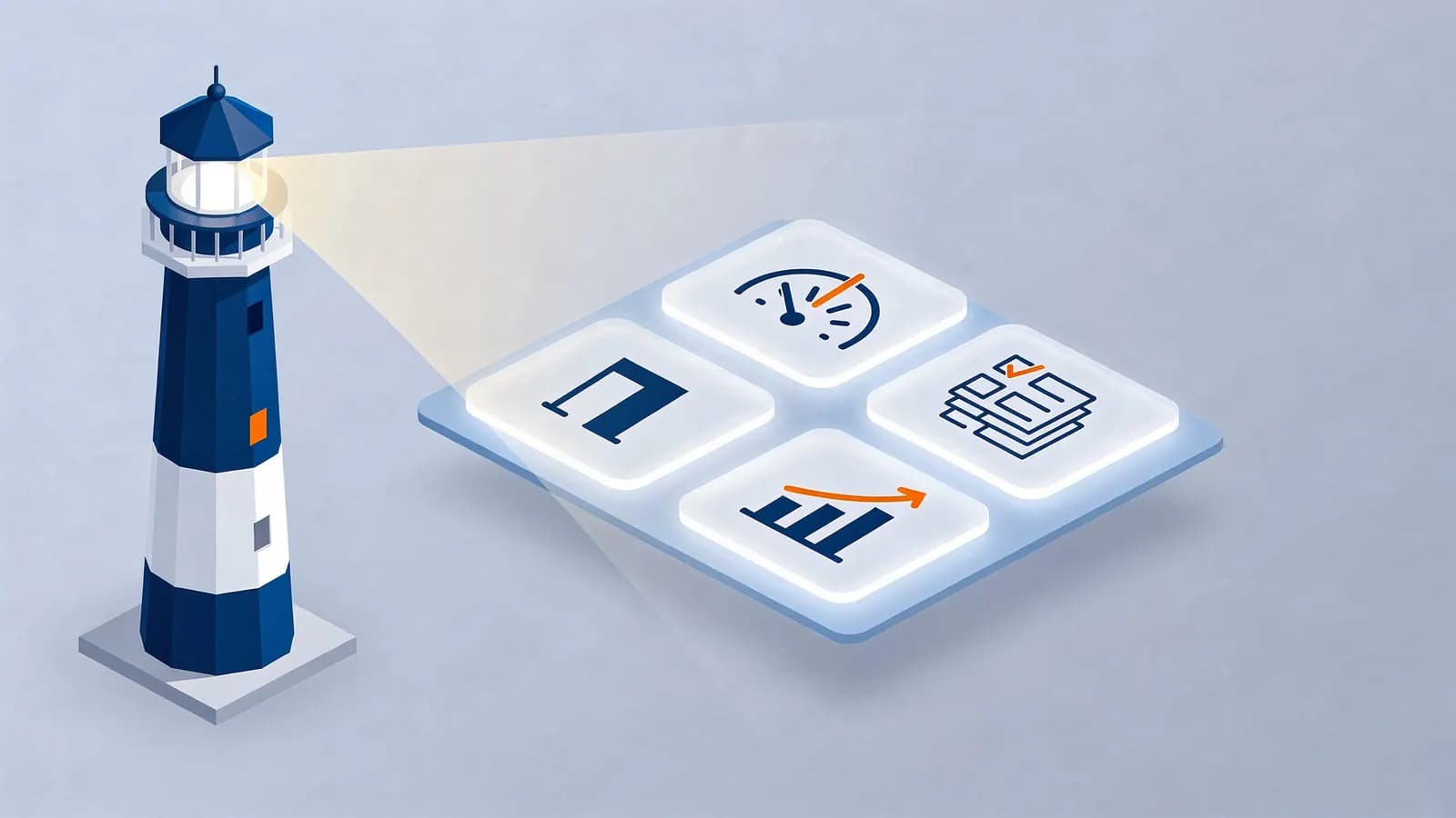 Lighthouse illuminates a platform with icons representing performance, metrics, and audits.