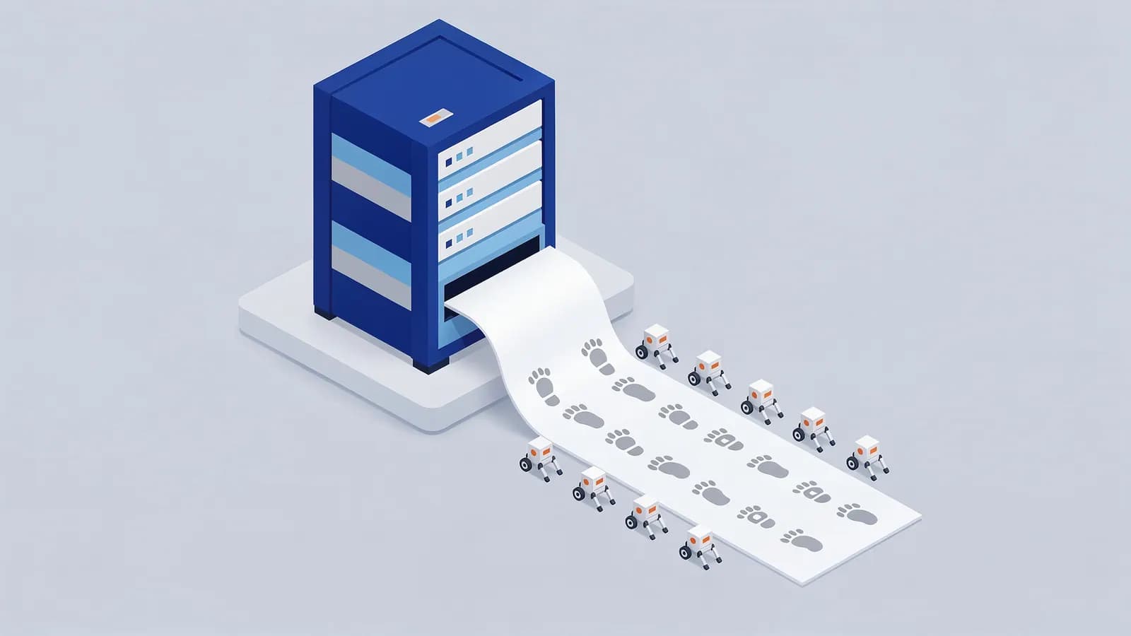 A server outputs a scroll of digital footprints, followed by small robots, for log file analysis.