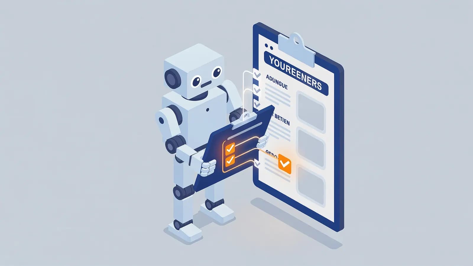 Robot reviewing a checklist on a clipboard, standing by a larger checklist, representing an On-page SEO checklist.