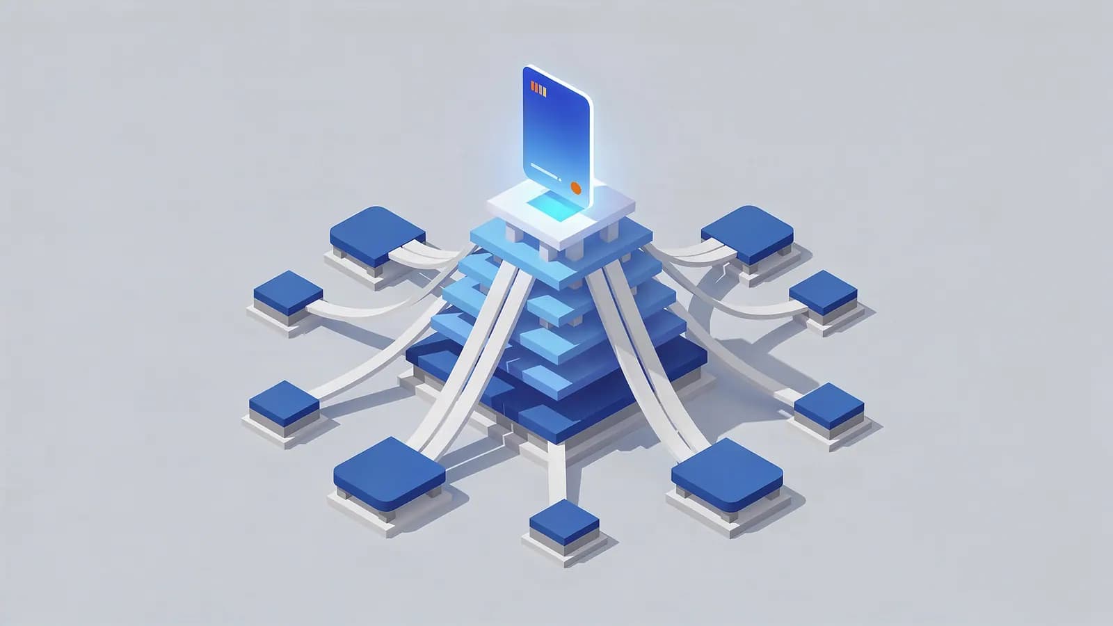 Central document elevated on platforms and connected by lines to many surrounding nodes, illustrating PageRank.