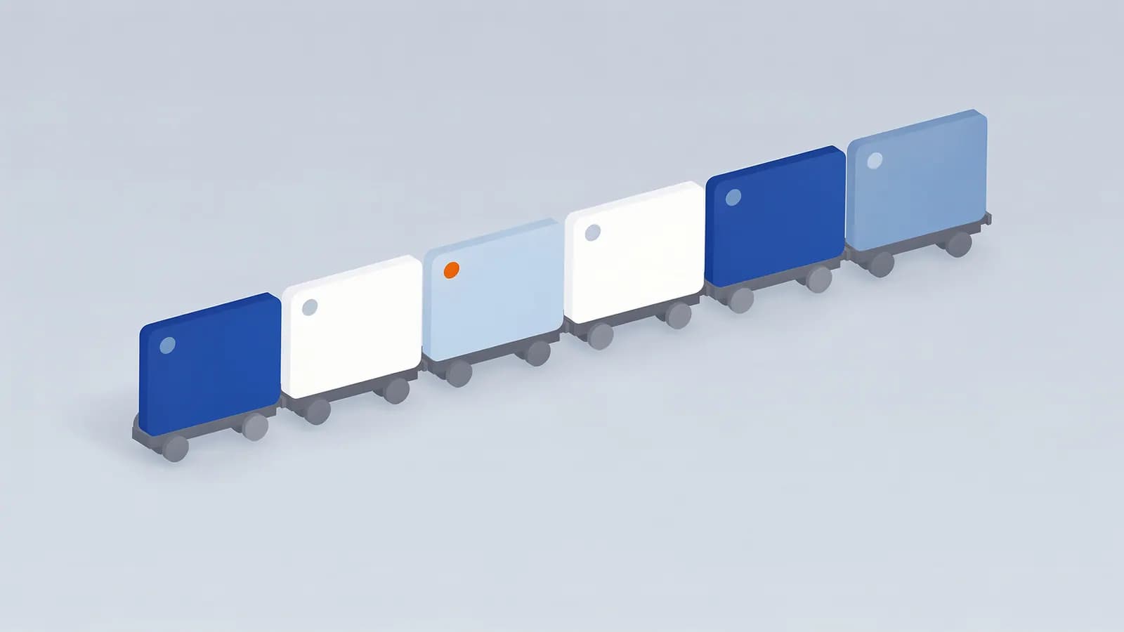 Seven connected rectangular modules on wheels, some with indicator dots, representing content divided by pagination.