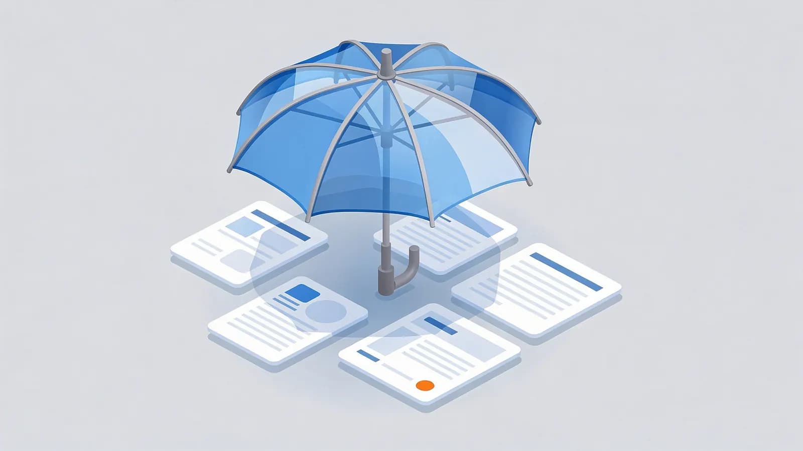 Umbrella covering five document icons, symbolizing a parent topic overseeing its sub-topics.