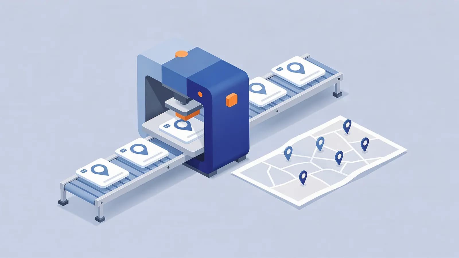 A machine on a conveyor belt stamps location pin icons onto cards, correlating with points on a map for Programmatic SEO.