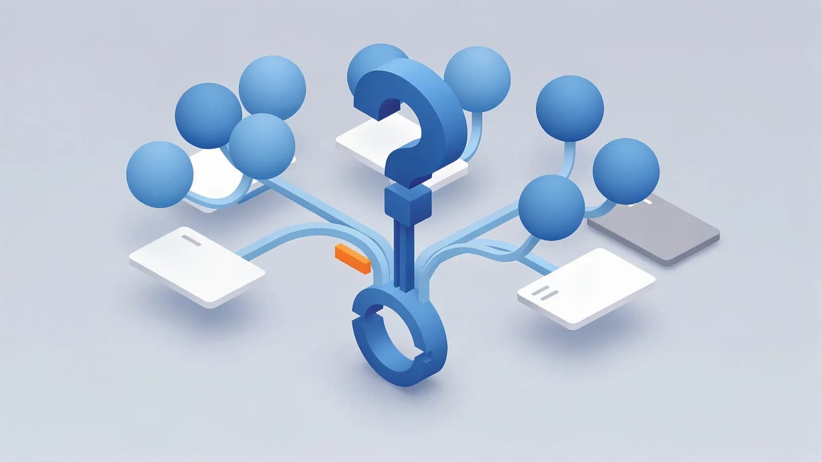 A central question mark connected by lines fanning out to multiple spheres and cards, illustrating query fan-out.